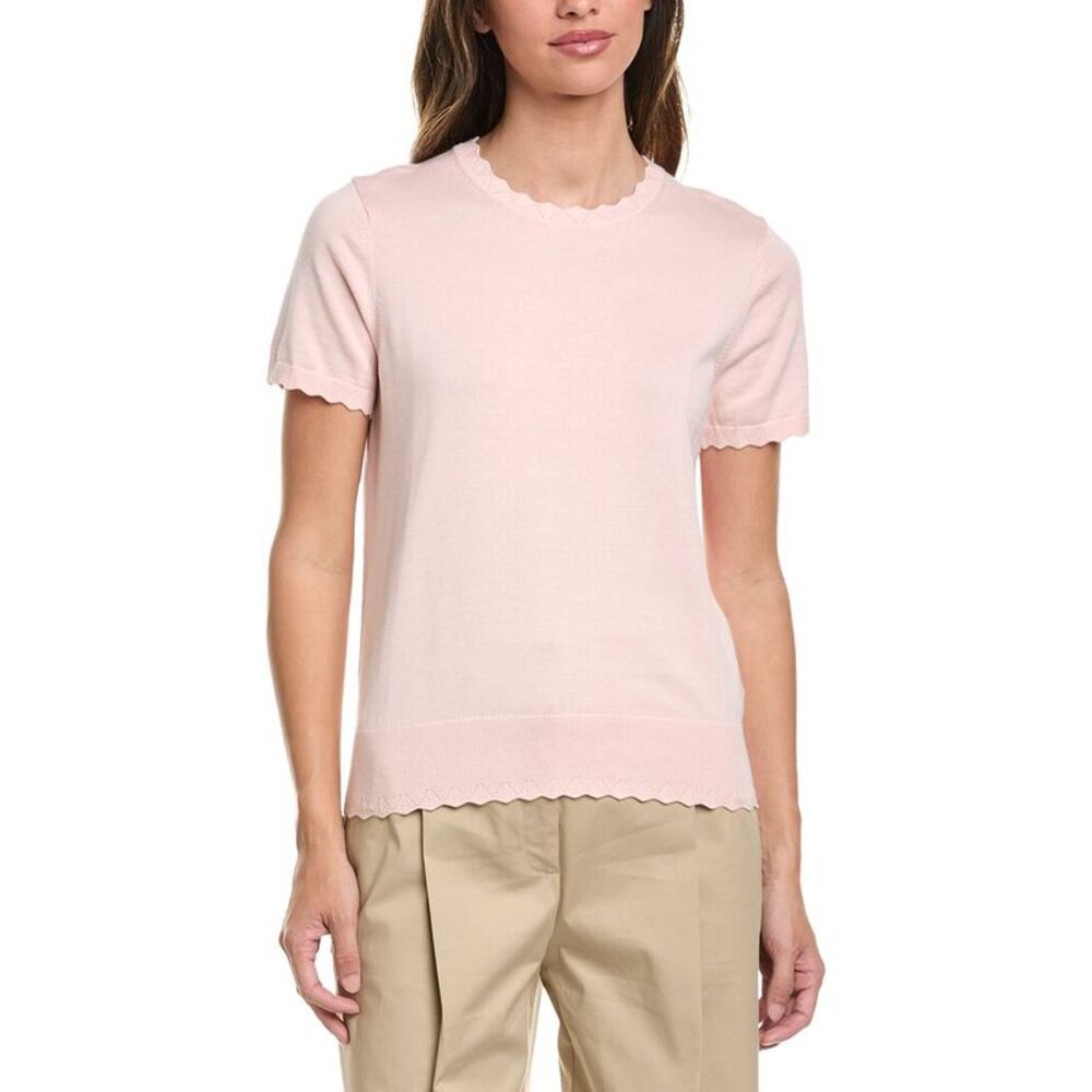 Brooks Brothers Womens Scalloped Pointelle-Trim Sweater, Pink